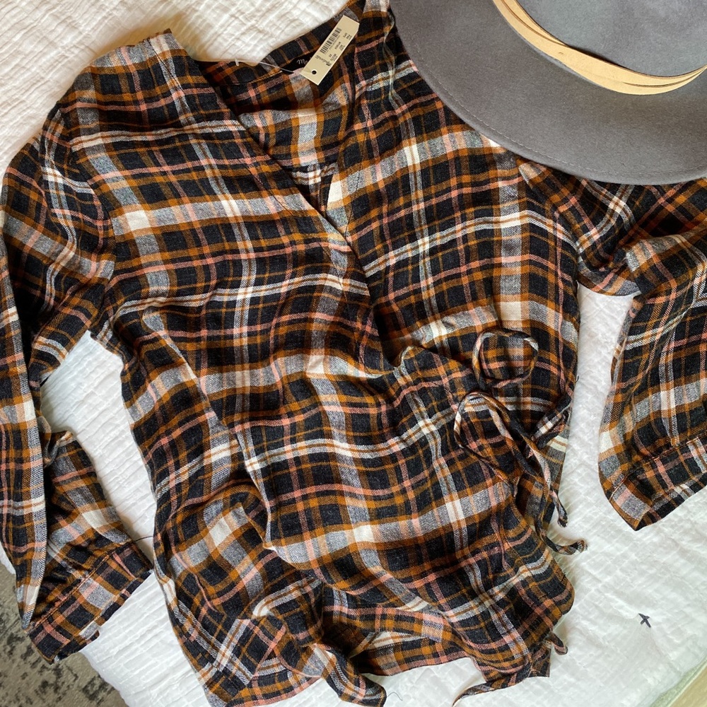 NWT Madewell Plaid Gauze Double Tie Wrap Top